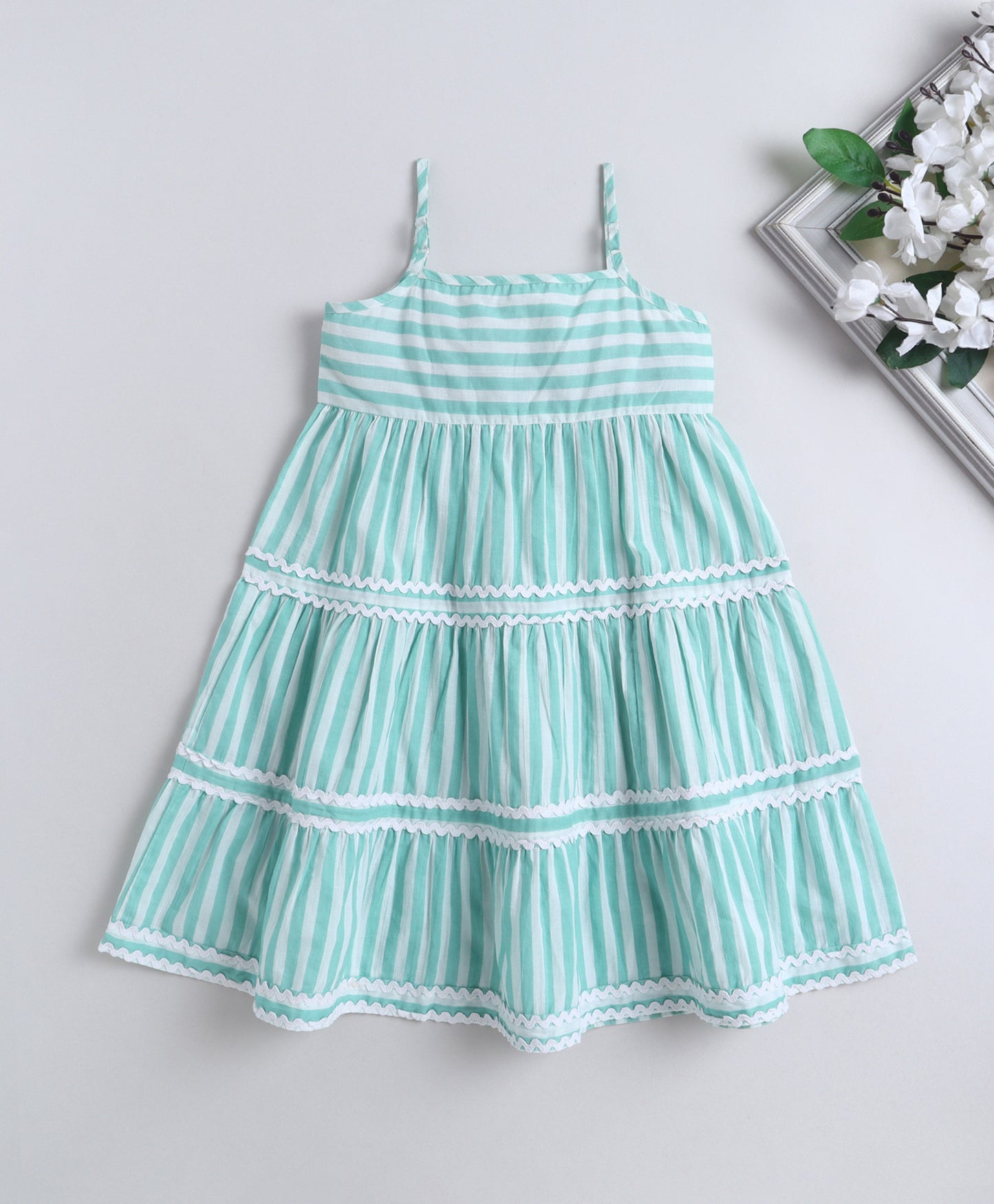 The Magic Wand Cotton Woven Strappy Stripes Printed Ric Rac Tiered Dress - Mint Green