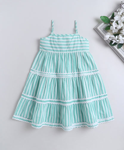 The Magic Wand Cotton Woven Strappy Stripes Printed Ric Rac Tiered Dress - Mint Green