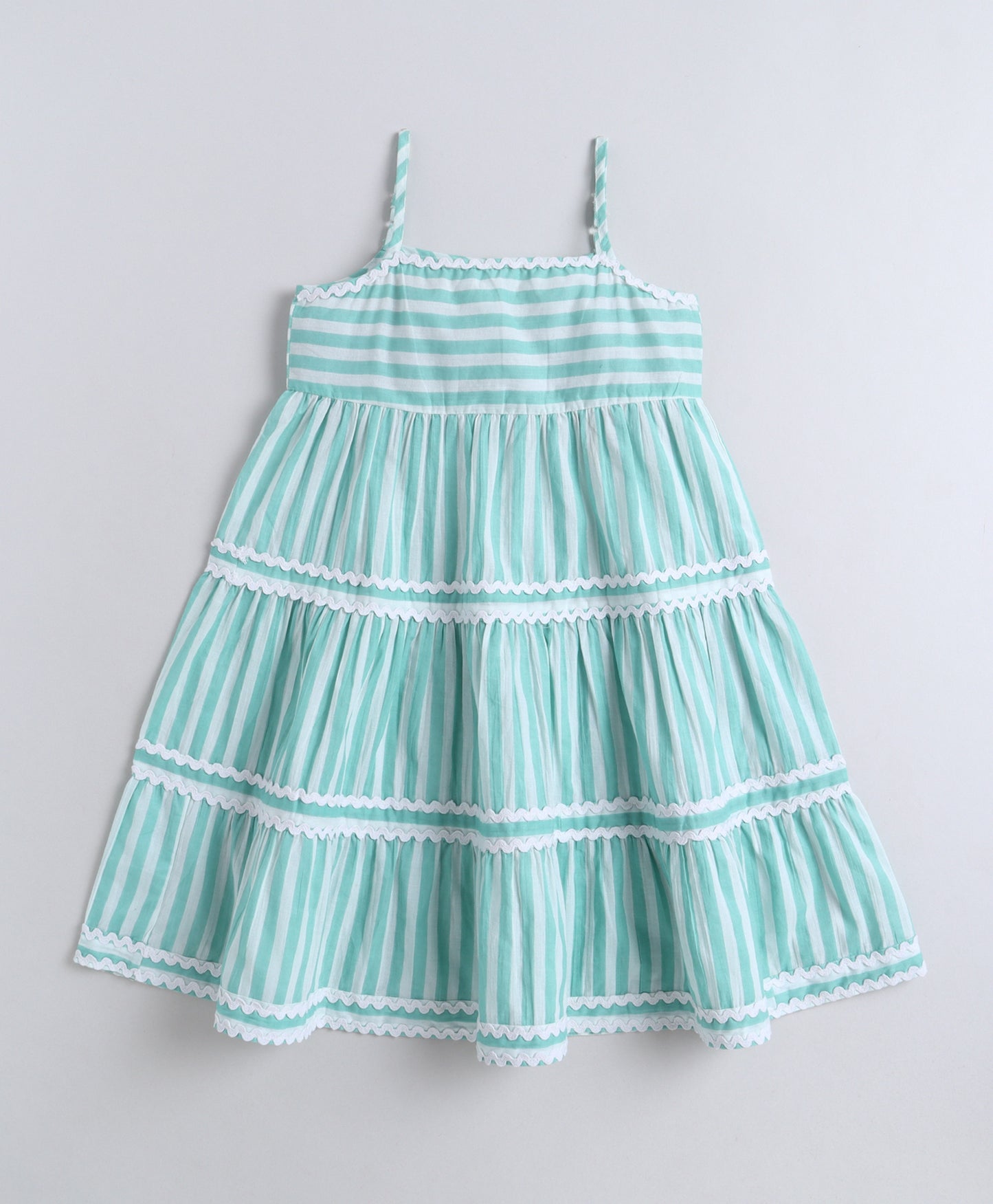 The Magic Wand Cotton Woven Strappy Stripes Printed Ric Rac Tiered Dress - Mint Green