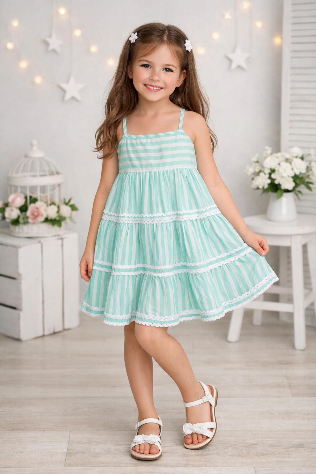 The Magic Wand Cotton Woven Strappy Stripes Printed Ric Rac Tiered Dress - Mint Green