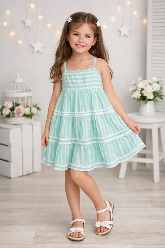 The Magic Wand Cotton Woven Strappy Stripes Printed Ric Rac Tiered Dress - Mint Green