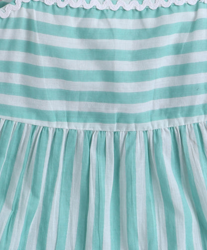 The Magic Wand Cotton Woven Strappy Stripes Printed Ric Rac Tiered Dress - Mint Green
