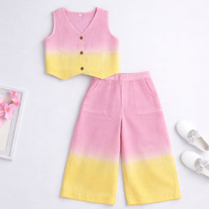 The Magic WandÿRayon Woven Sleeveless Tie & Dye Waistcoat And Pant Set - Pink