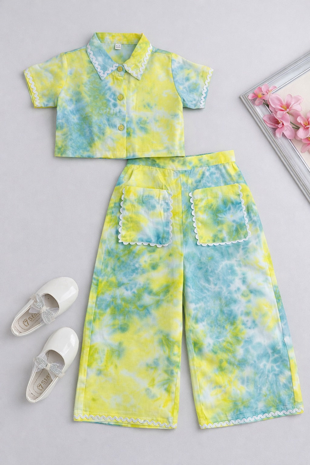 The Magic Wand Woven Half Sleeves Tie & Dye Ric Rac Co-ordinating Shirt And Pant Set - Yellow