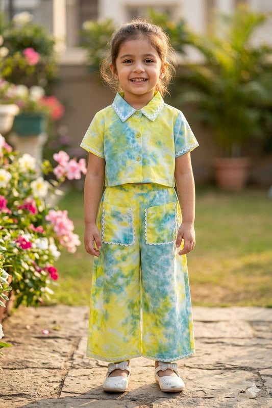 The Magic Wand Woven Half Sleeves Tie & Dye Ric Rac Co-ordinating Shirt And Pant Set - Yellow
