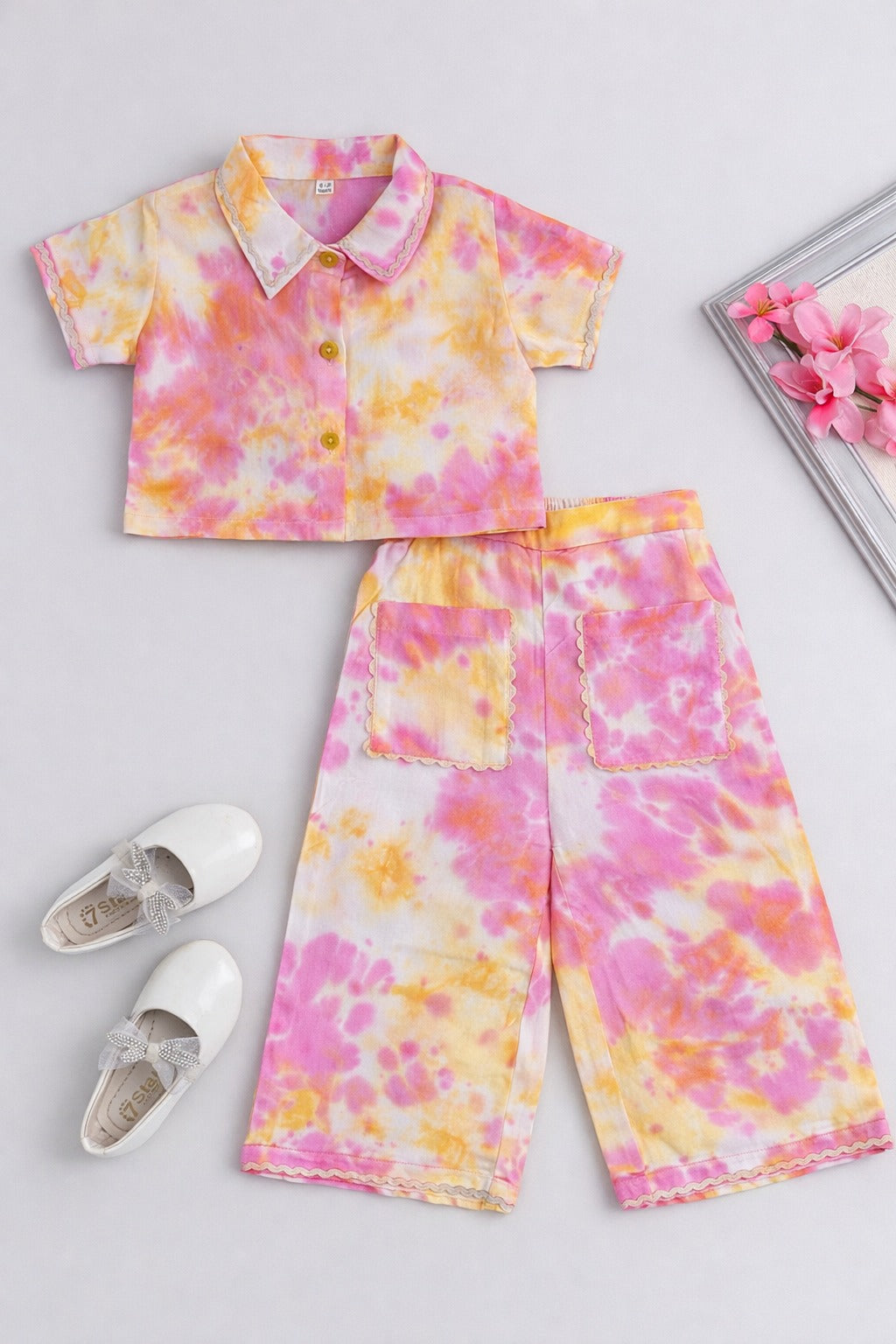 The Magic Wand Woven Half Sleeves Tie & Dye Ric Rac Co-ordinating Shirt And Pant Set - Pink