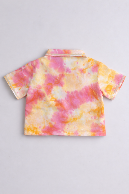 The Magic Wand Woven Half Sleeves Tie & Dye Ric Rac Co-ordinating Shirt And Pant Set - Pink