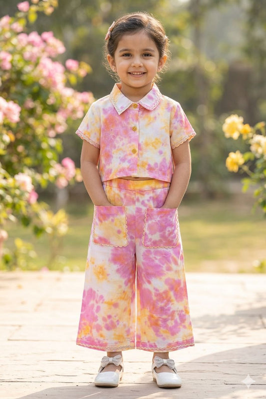 The Magic Wand Woven Half Sleeves Tie & Dye Ric Rac Co-ordinating Shirt And Pant Set - Pink