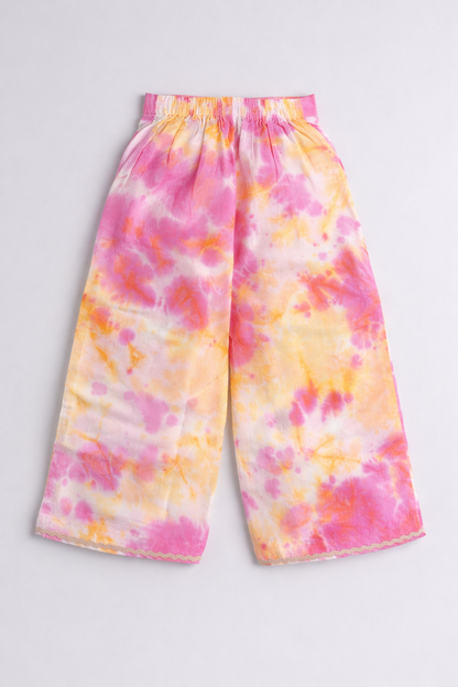 The Magic Wand Woven Half Sleeves Tie & Dye Ric Rac Co-ordinating Shirt And Pant Set - Pink