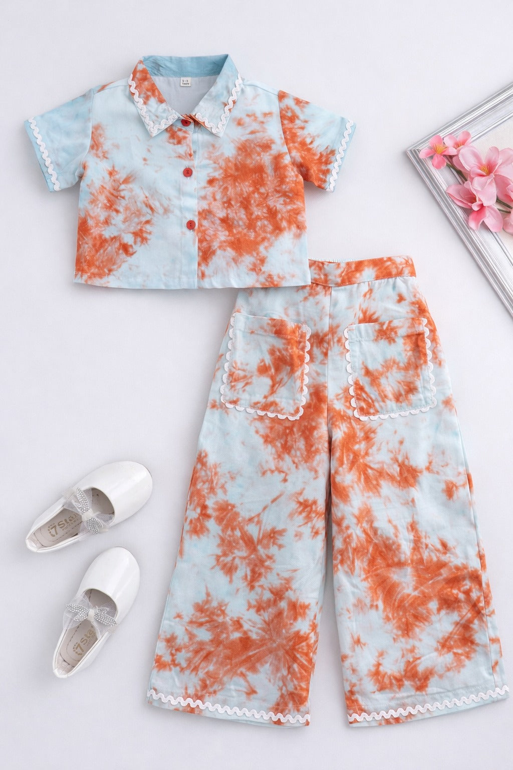 The Magic Wand Woven Half Sleeves Tie & Dye Ric Rac Co-ordinating Shirt And Pant Set - Blue