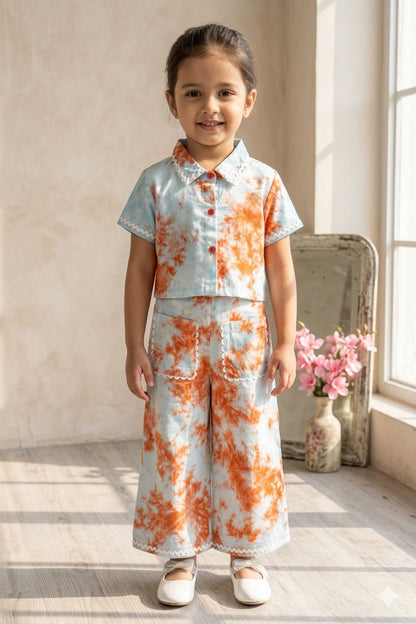 The Magic Wand Woven Half Sleeves Tie & Dye Ric Rac Co-ordinating Shirt And Pant Set - Blue