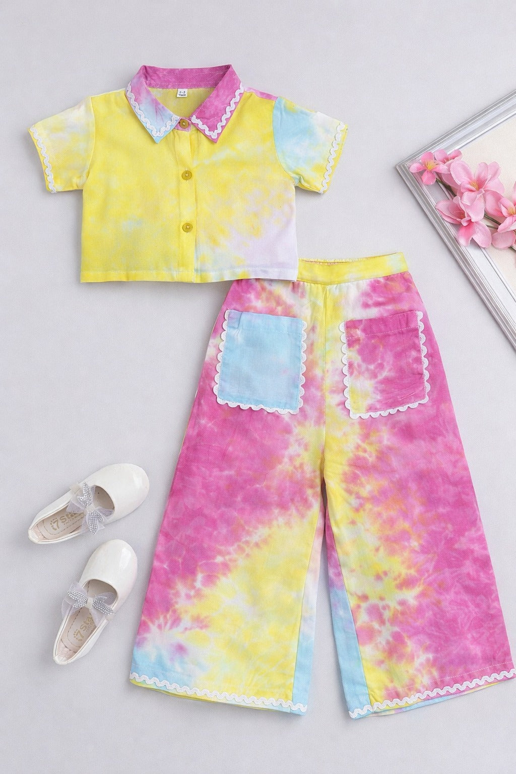 The Magic Wand Woven Half Sleeves Tie & Dye Ric Rac Co-ordinating Shirt And Pant Set - Multi Color
