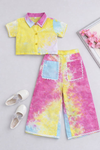 The Magic Wand Woven Half Sleeves Tie & Dye Ric Rac Co-ordinating Shirt And Pant Set - Multi Color