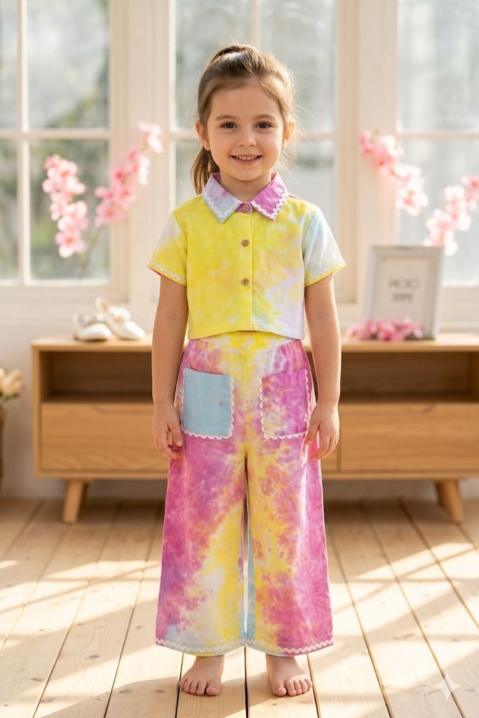 The Magic Wand Woven Half Sleeves Tie & Dye Ric Rac Co-ordinating Shirt And Pant Set - Multi Color