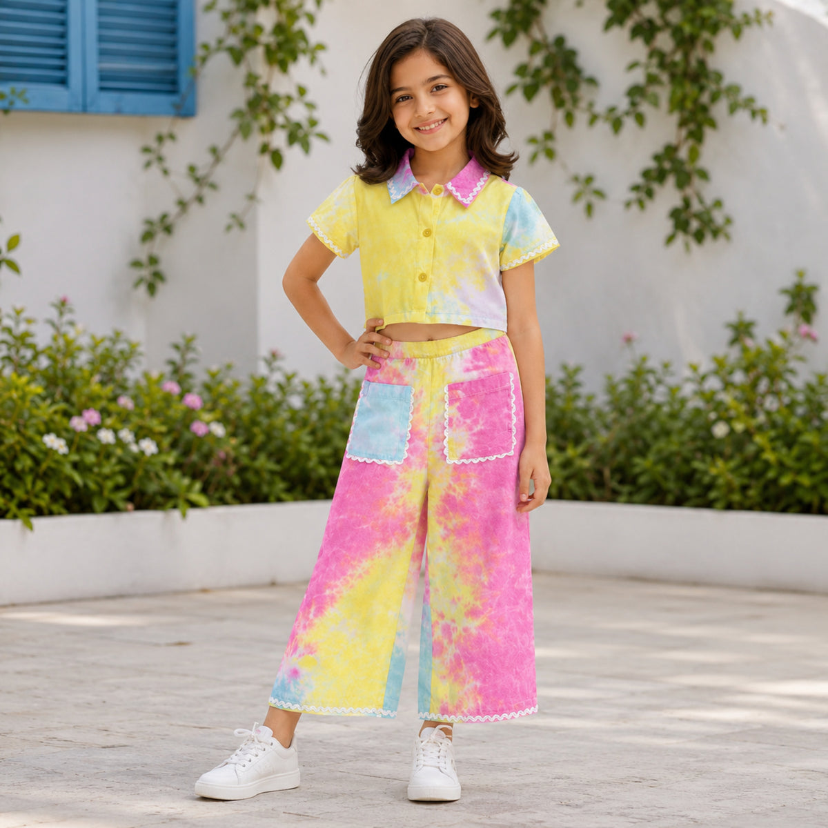 The Magic Wand Woven Half Sleeves Tie & Dye Ric Rac Co-ordinating Shirt And Pant Set - Multi Color