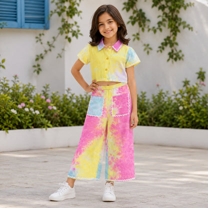 The Magic Wand Woven Half Sleeves Tie & Dye Ric Rac Co-ordinating Shirt And Pant Set - Multi Color