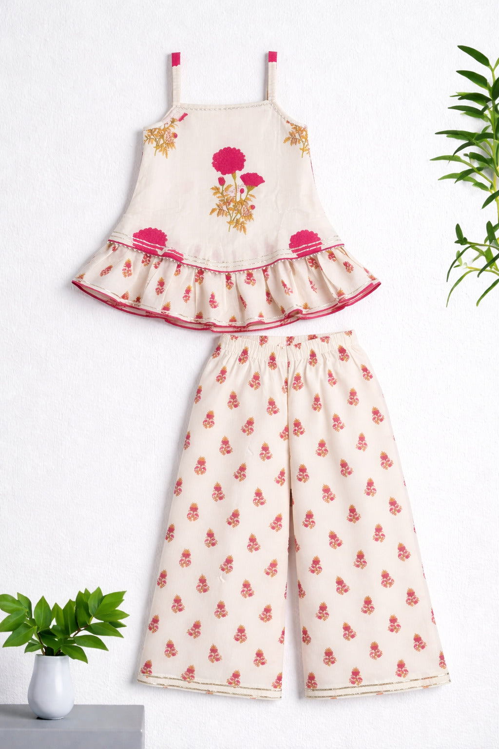 The Magic Wand Woven Strappy Floral Printed Double Layer Frill Top And Palazzo Set - Fuchsia