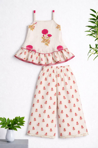 The Magic Wand Woven Strappy Floral Printed Double Layer Frill Top And Palazzo Set - Fuchsia