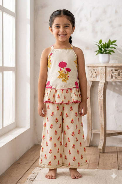 The Magic Wand Woven Strappy Floral Printed Double Layer Frill Top And Palazzo Set - Fuchsia