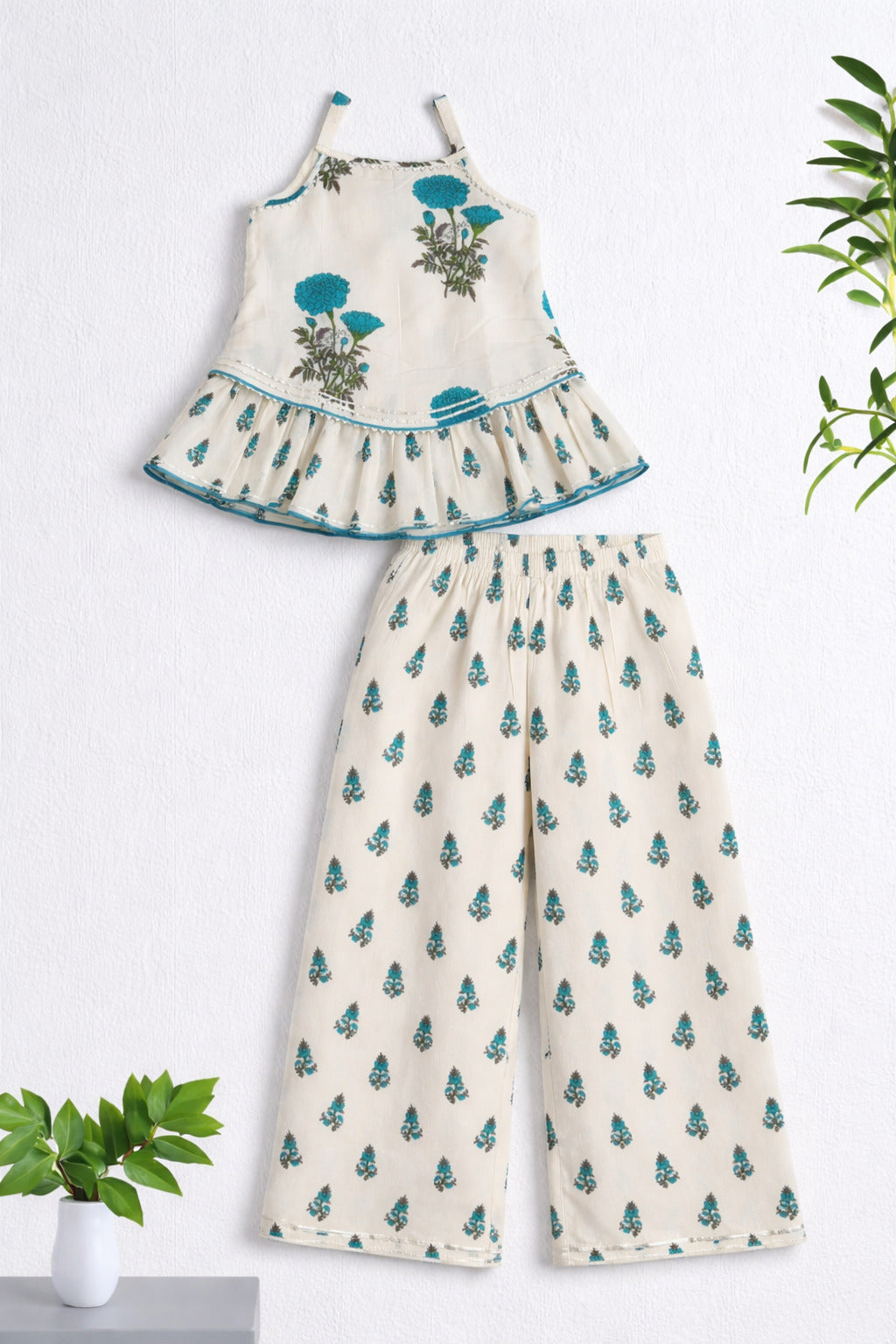 The Magic Wand Woven Strappy Floral Printed Double Layer Frill Top And Palazzo Set - Turquoise