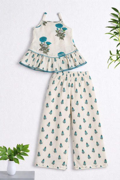 The Magic Wand Woven Strappy Floral Printed Double Layer Frill Top And Palazzo Set - Turquoise