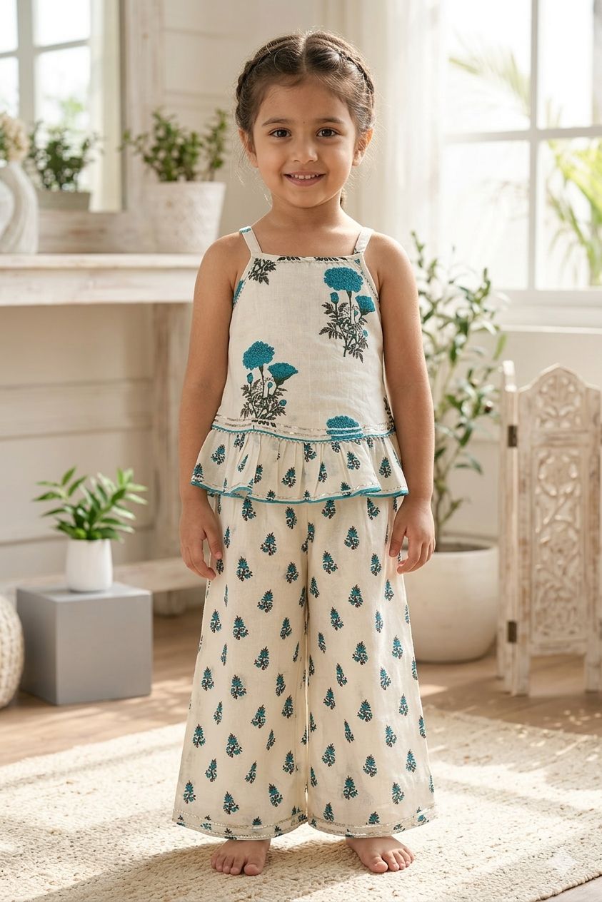 The Magic Wand Woven Strappy Floral Printed Double Layer Frill Top And Palazzo Set - Turquoise
