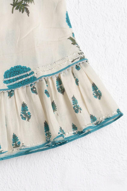 The Magic Wand Woven Strappy Floral Printed Double Layer Frill Top And Palazzo Set - Turquoise