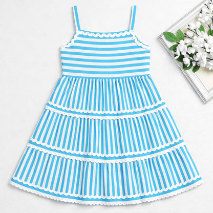 The Magic Wand Cotton Woven Strappy Stripes Printed Ric Rac Tiered Dress - Blue