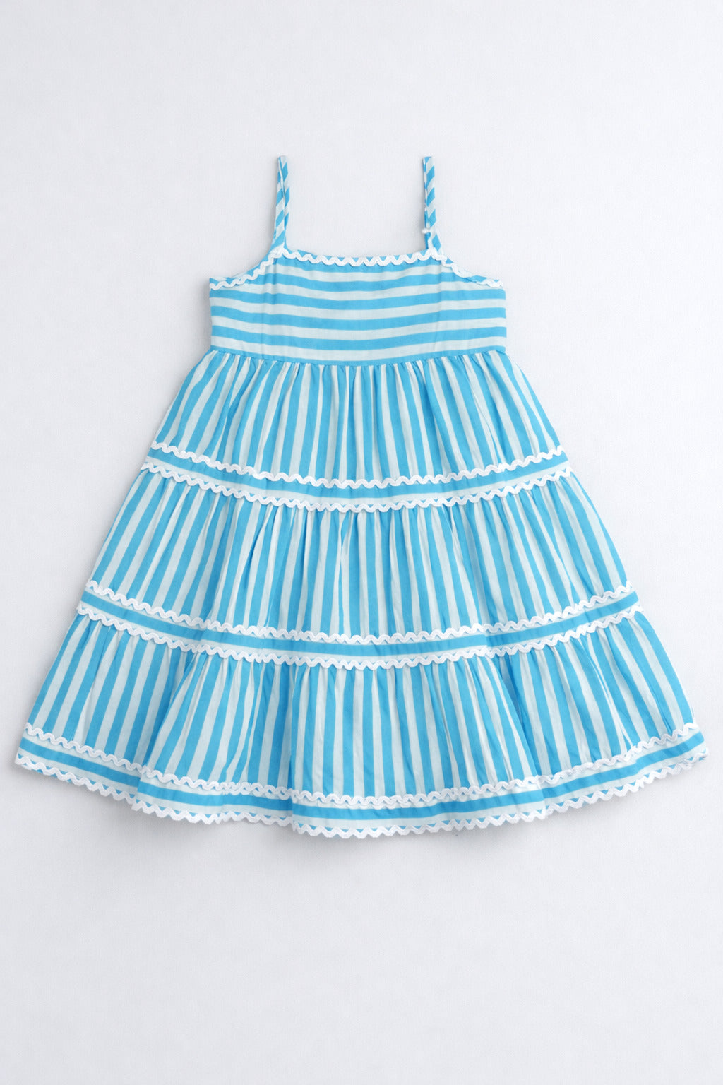 The Magic Wand Cotton Woven Strappy Stripes Printed Ric Rac Tiered Dress - Blue