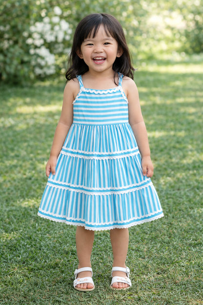 The Magic Wand Cotton Woven Strappy Stripes Printed Ric Rac Tiered Dress - Blue