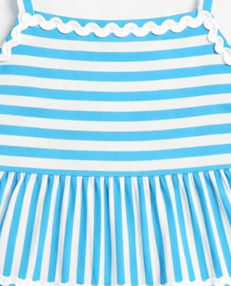 The Magic Wand Cotton Woven Strappy Stripes Printed Ric Rac Tiered Dress - Blue