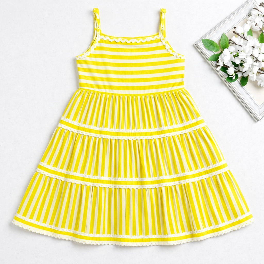 The Magic Wand Cotton Woven Strappy Stripes Printed Ric Rac Tiered Dress - Yellow