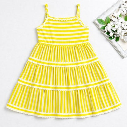 The Magic Wand Cotton Woven Strappy Stripes Printed Ric Rac Tiered Dress - Yellow