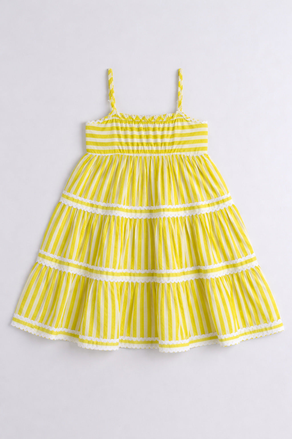 The Magic Wand Cotton Woven Strappy Stripes Printed Ric Rac Tiered Dress - Yellow