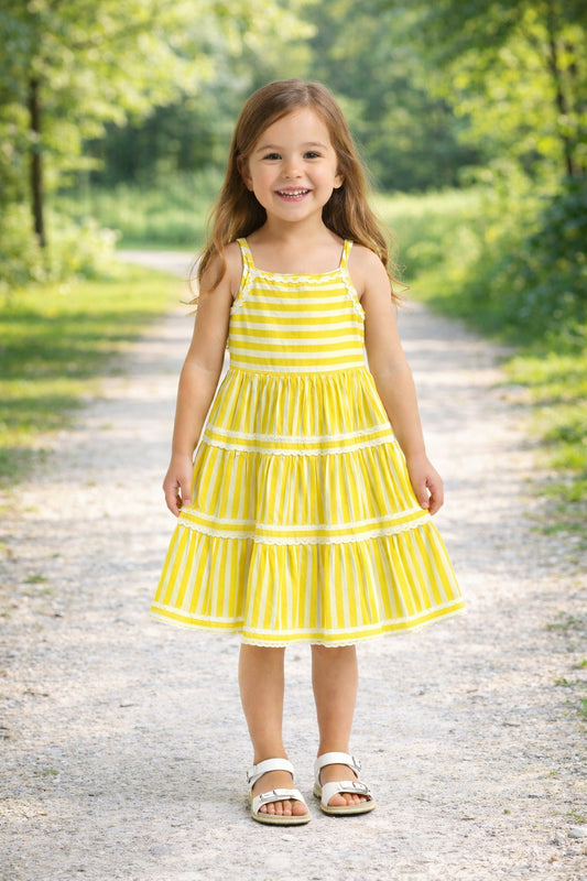 The Magic Wand Cotton Woven Strappy Stripes Printed Ric Rac Tiered Dress - Yellow