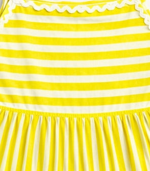 The Magic Wand Cotton Woven Strappy Stripes Printed Ric Rac Tiered Dress - Yellow