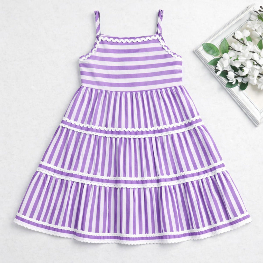 The Magic Wand Cotton Woven Strappy Stripes Printed Ric Rac Tiered Dress - Purple
