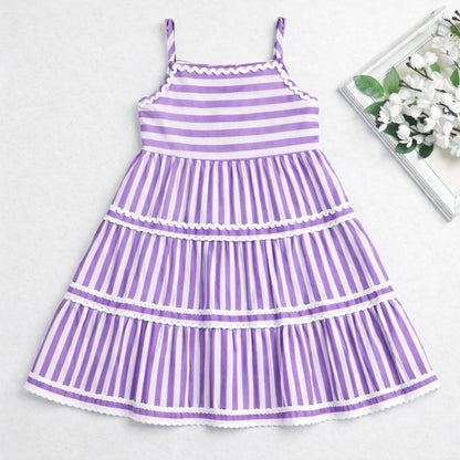 The Magic Wand Cotton Woven Strappy Stripes Printed Ric Rac Tiered Dress - Purple