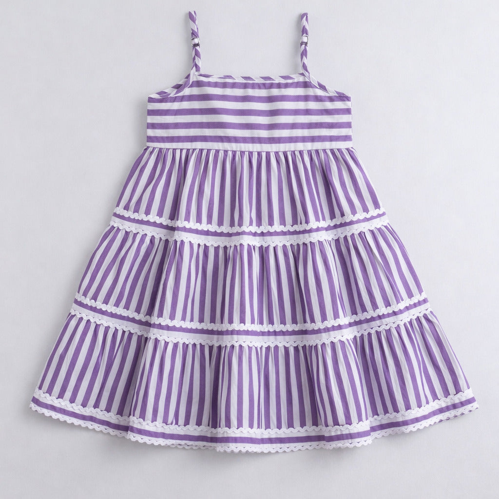 The Magic Wand Cotton Woven Strappy Stripes Printed Ric Rac Tiered Dress - Purple