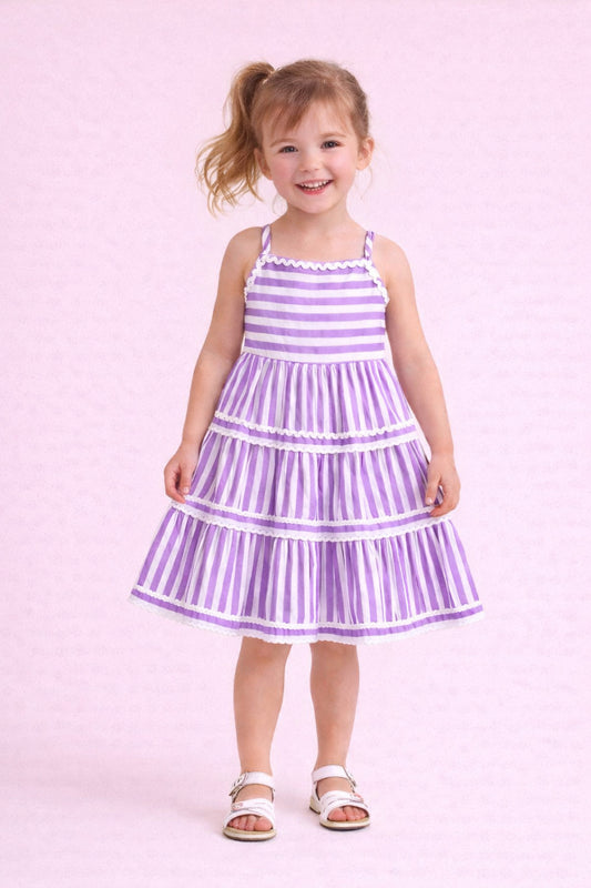 The Magic Wand Cotton Woven Strappy Stripes Printed Ric Rac Tiered Dress - Purple
