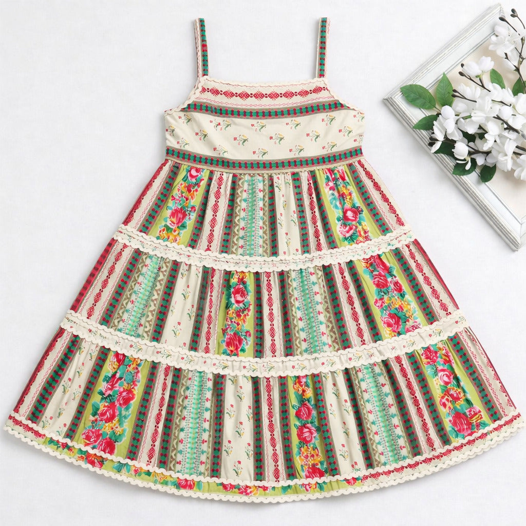 The Magic Wand Cotton Woven Strappy Floral Ric Rac Tiered Dress - Multi Color