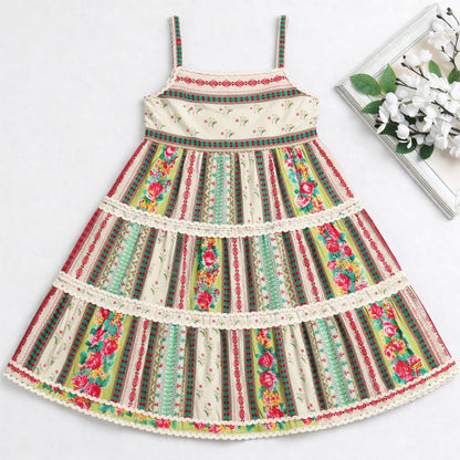 The Magic Wand Cotton Woven Strappy Floral Ric Rac Tiered Dress - Multi Color