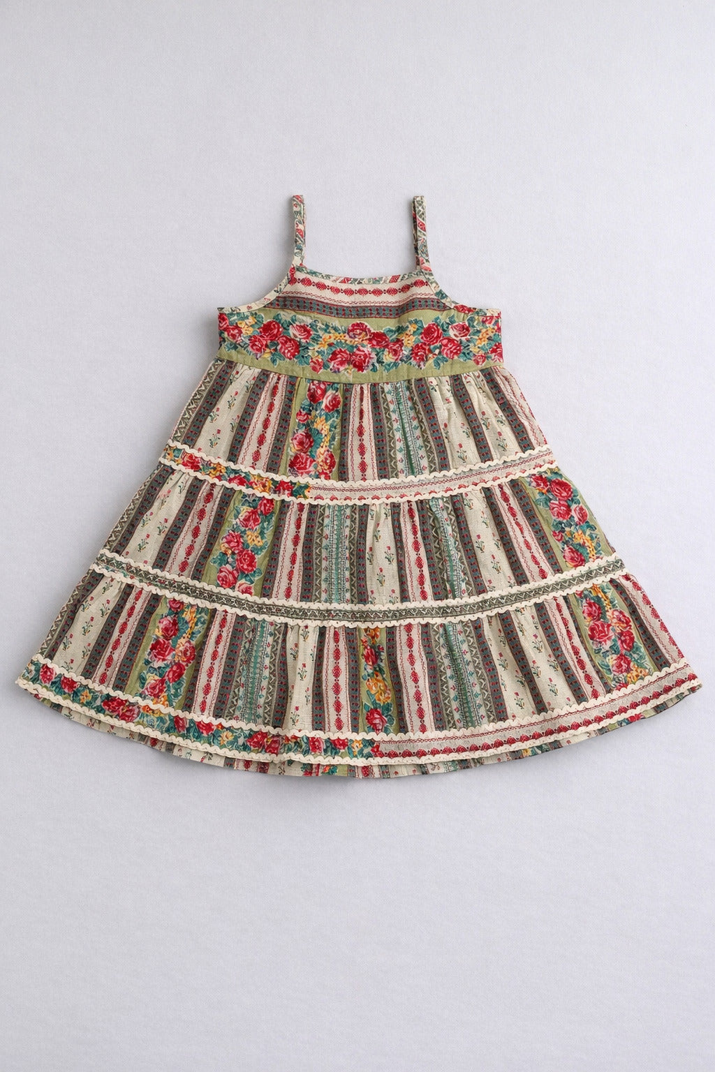 The Magic Wand Cotton Woven Strappy Floral Ric Rac Tiered Dress - Multi Color