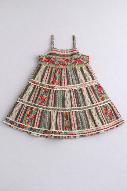 The Magic Wand Cotton Woven Strappy Floral Ric Rac Tiered Dress - Multi Color