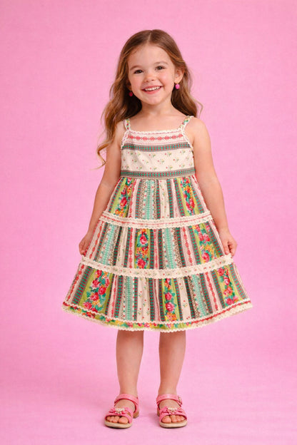 The Magic Wand Cotton Woven Strappy Floral Ric Rac Tiered Dress - Multi Color