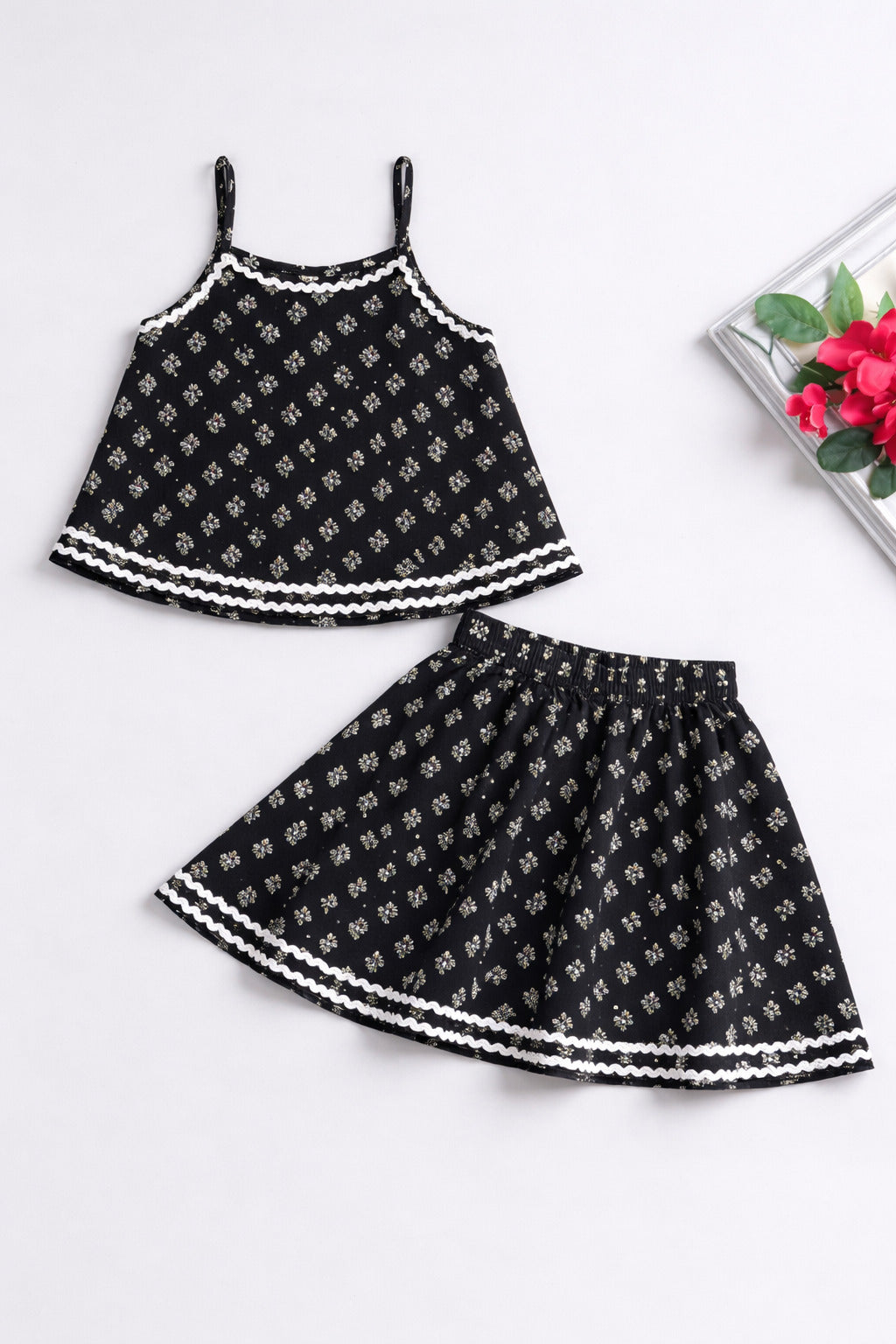 The Magic Wand Cotton Woven Strappy Butti Printed Ric Rac Flared Top And Skirt Set - Black