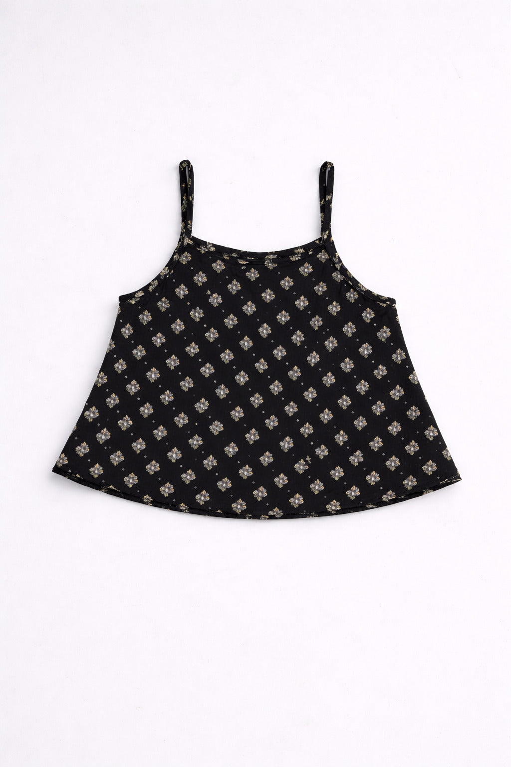 The Magic Wand Cotton Woven Strappy Butti Printed Ric Rac Flared Top And Skirt Set - Black