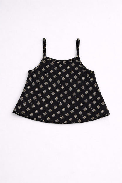 The Magic Wand Cotton Woven Strappy Butti Printed Ric Rac Flared Top And Skirt Set - Black