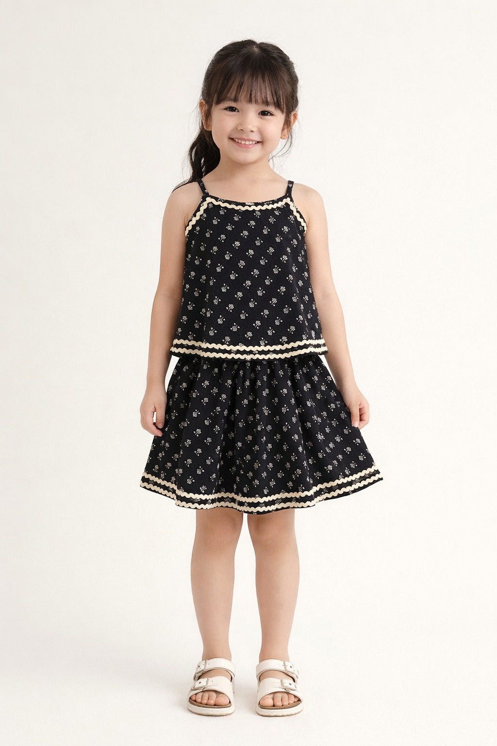The Magic Wand Cotton Woven Strappy Butti Printed Ric Rac Flared Top And Skirt Set - Black