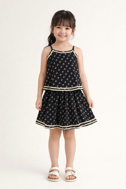 The Magic Wand Cotton Woven Strappy Butti Printed Ric Rac Flared Top And Skirt Set - Black